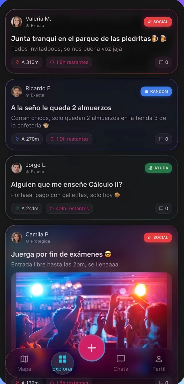 La pantalla Explorar de Warpin con publicaciones cercanas